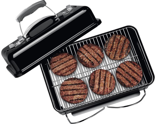 Weber Go Anywhere houtskoolbarbecue, 53 x 31 cm, zwarte geëmailleerde kuip en deksel inclusief aluminium ventilator, dekselgreep met hitteschild, opvouwbare poten van gecoat staal, grillrooster van gecoat staal, houtskoolrooster