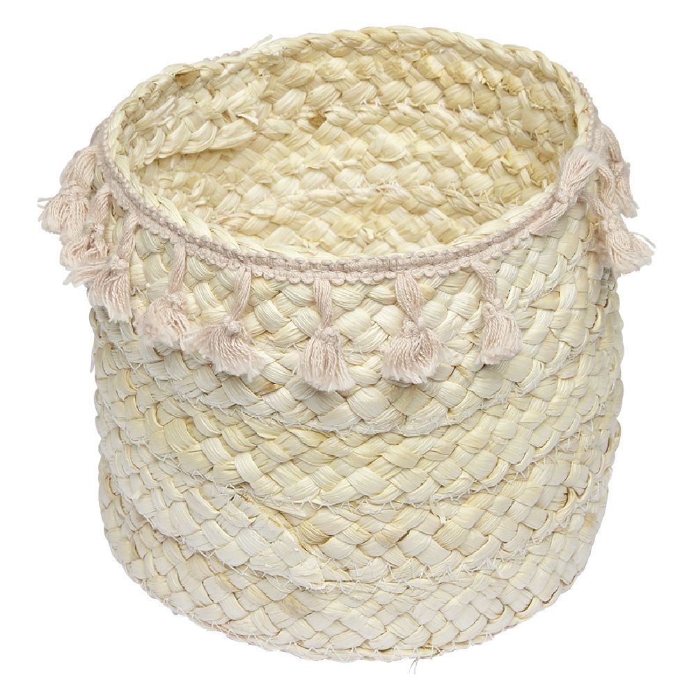 Panière ronde en jonc naturel avec pompons rose Ø19 cm