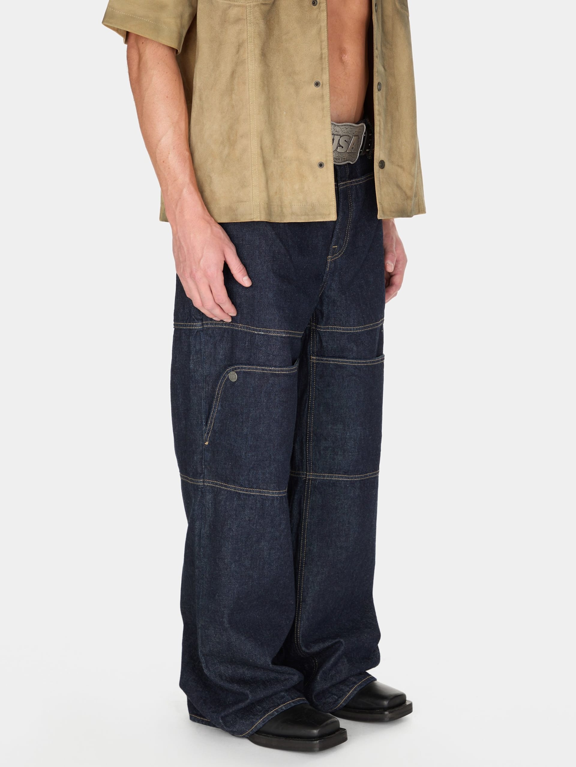 calça utilitária de brim lavado