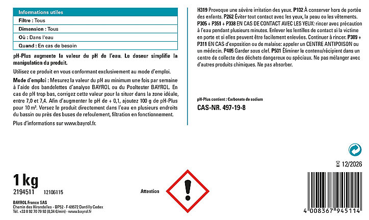 Granulés purs pH-Plus traitement piscine 1kg - BAYROL
