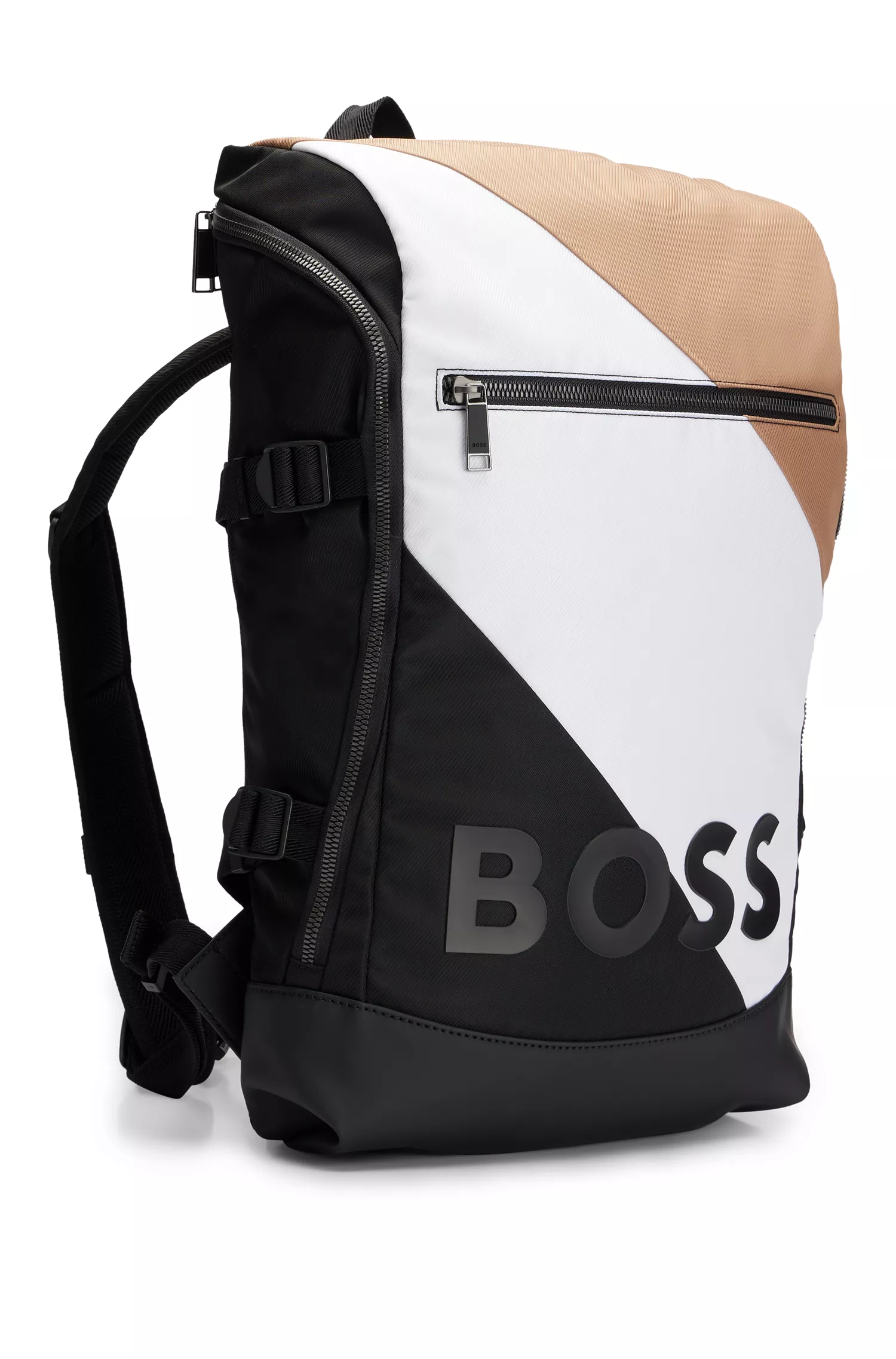 Mochila BOSS preta em material reciclado com listra e logotipo característicos.