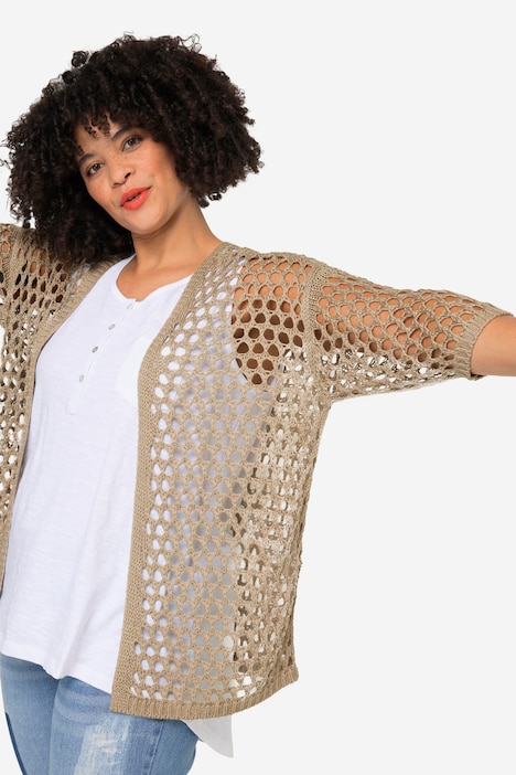 Strickjacke, Relaxed Fit, Bändchengarn, offene Form, 3/4-Ärmel