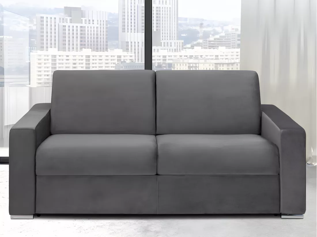 Canapé 2 places convertible express en velours anthracite - Couchage lattes larges 120 cm - Matelas 16 cm avec mousse à mémoire de forme CALITO