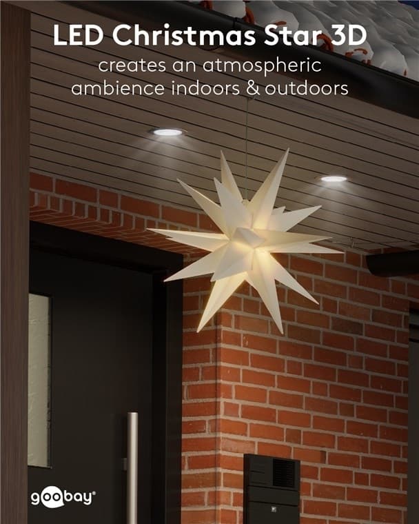 Goobay LED julestjerne 3D, Ø 56 cm, 4,5 V udendørs transformer med timer og 18 spidser, varm hvid (3000 K), af vejrbestandig plast (IP44), 9,5 m kabel