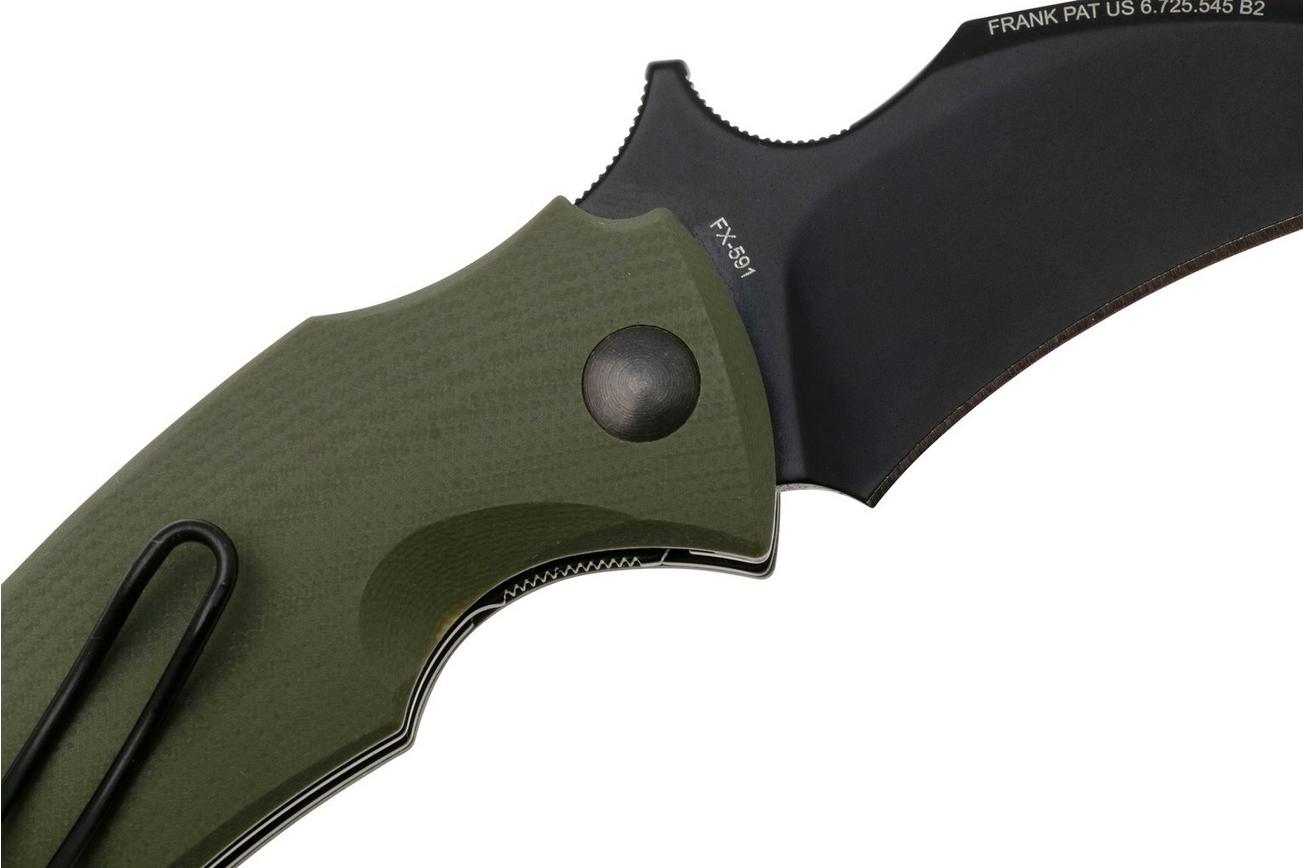 Fox Knives Black Bird FX-591OD Green G10 Black Blade, karambit zakmes, Bastinelli design