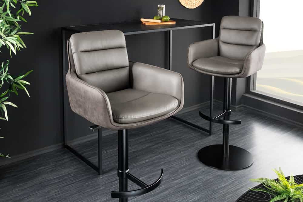 Drehbarer Design Barhocker BIG GEORGE taupe Echtleder Microfaser höhenverstellbar mit Armlehnen