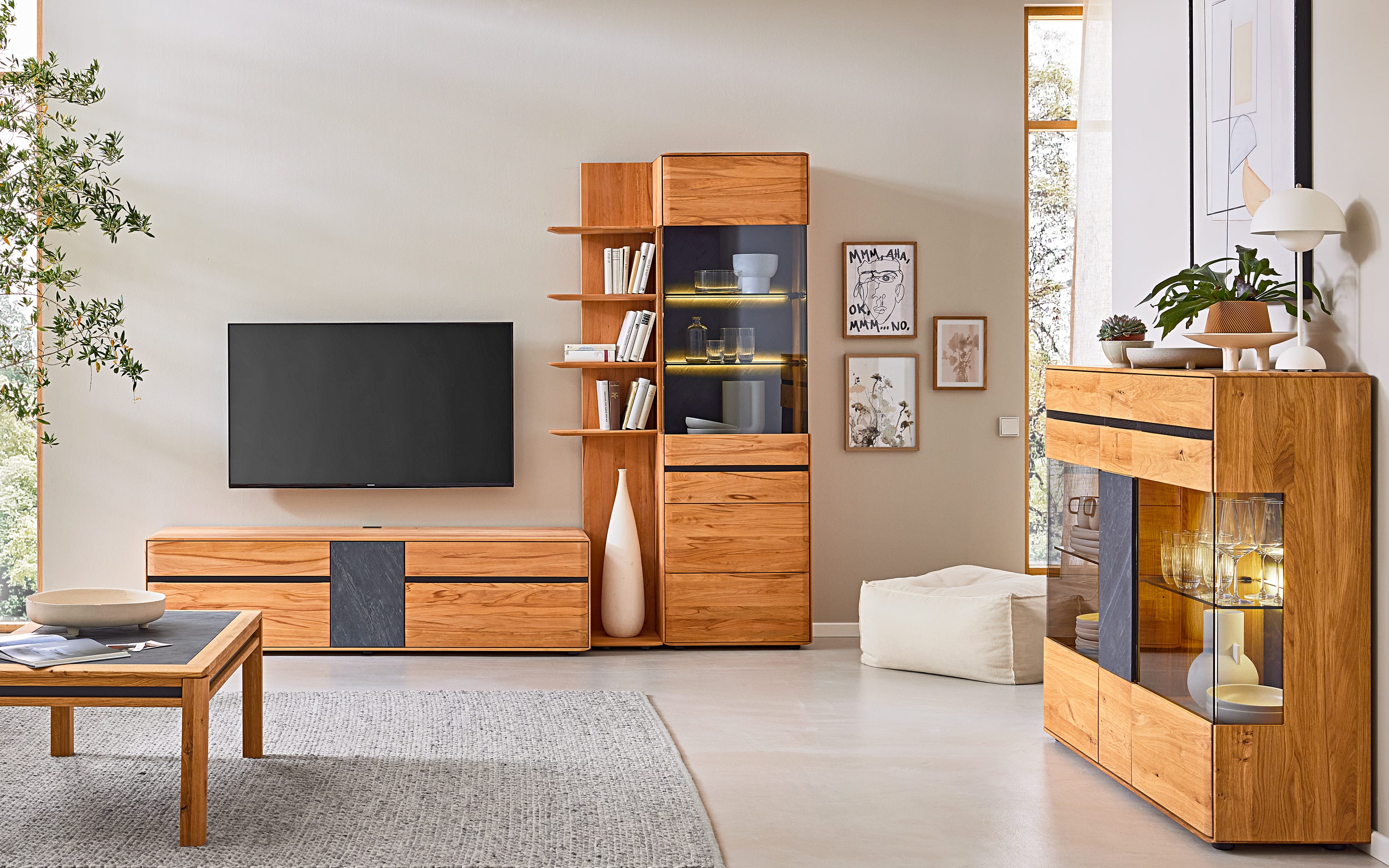 Highboard Danora Plus, grau/Kernbuche massiv, inkl. Softclose Funktion
