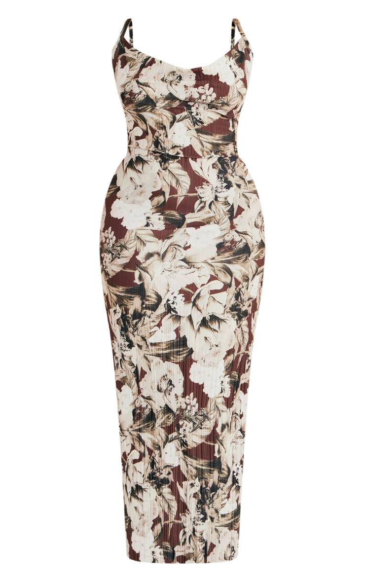 Marron Robe Longue Plissée Grande Taille À Col Bénitier Imprimée