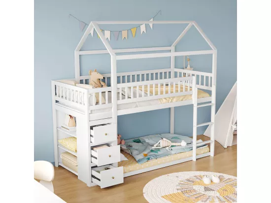 Lit enfant superposé 90 * 200 cm, avec casiers et étagères, lit bas avec échelle, blanc