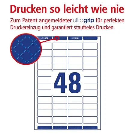 Avery Zweckform L7636-25 Adress-Etiketten,A4 mit ultragrip,45,7 x 21,2 mm, 25 Bogen/1.200 Etiketten, weiß