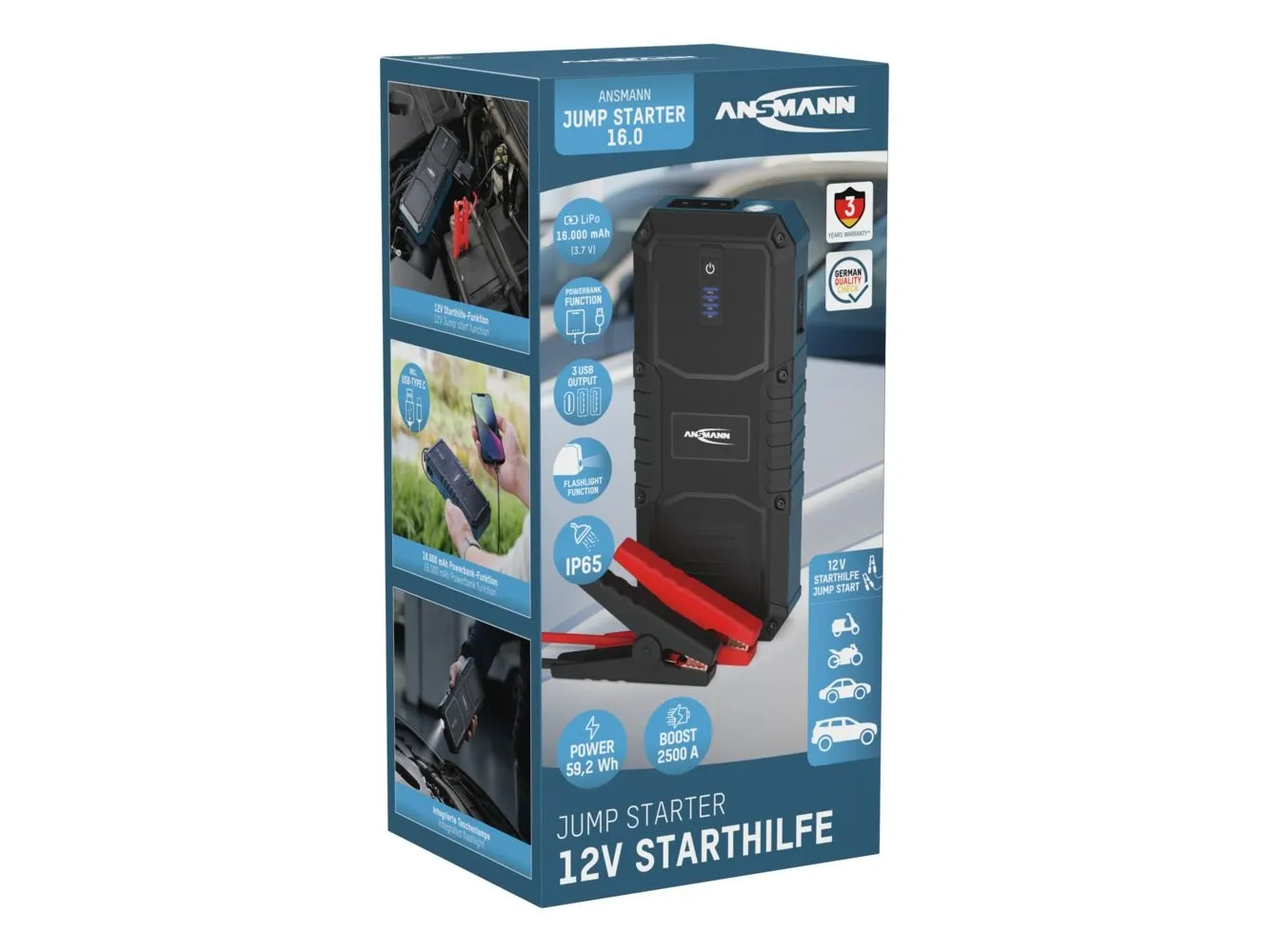 Ansmann Jump Starter 16.0, 2500 A, Sort, Blå, 2500 A, Lithium polymer (LiPo), 4 At, 59,2 Wh