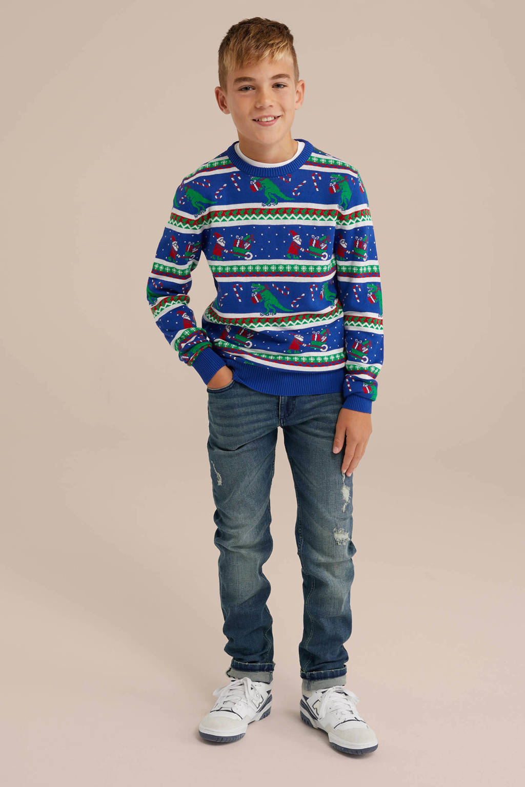 WE Fashion gebreide kersttrui blauw/groen