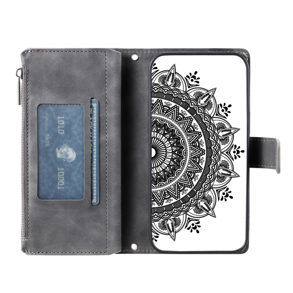iPhone 15 Leder Tasche Flip Cover mit Reissverschluss - Mandala Flowers Imprint - Grau