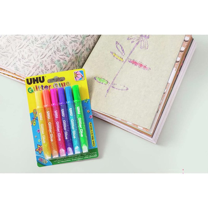 Colle pailletée Glitter Glue UHU couleurs Shiny - Etui de 6
