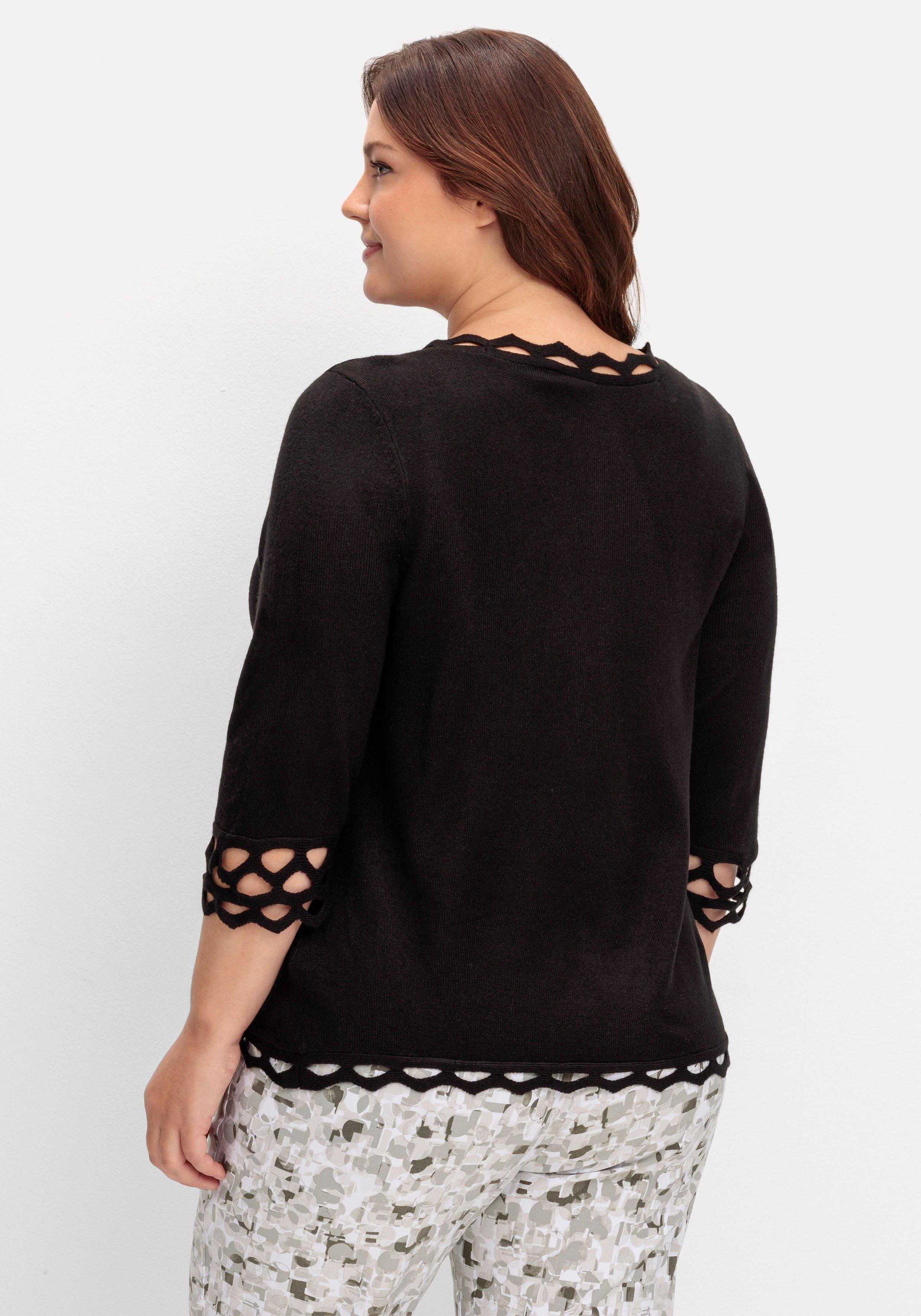 Feinstrickpullover mit Zierborte und 3/4-Arm