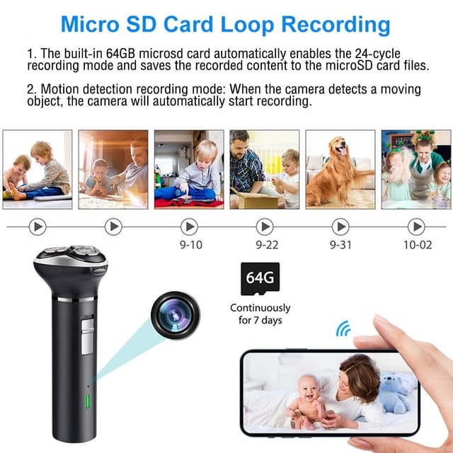 Shaver indbygget HD 1080P Motion detection WiFi-kamera med 64 GB hukommelseskort