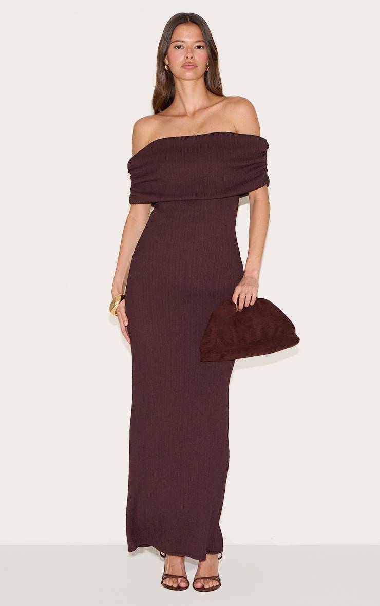 Chocolat Robe Longue Bardot Texturée À Revers Plié