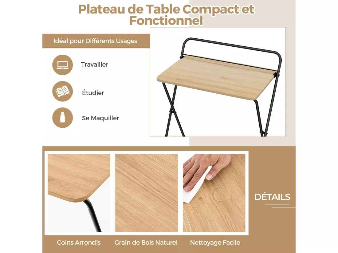 Petit Bureau Pliable 60 x 40 cm, Bureau d'Ordinateur Pliable, Support pour Tablette ou Livres, Table pour Petits Espaces, Aucun Assemblage Requis, Naturel