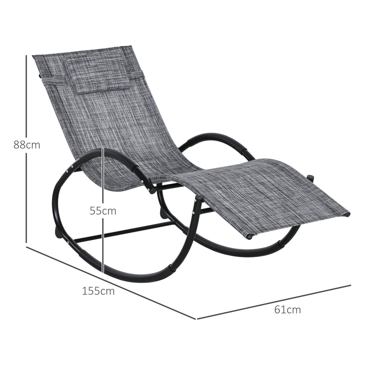 Outsunny schommelstoel, tuinligstoel met hoofdsteun, 155 x 61 x 88 cm, Texteline, Grijs