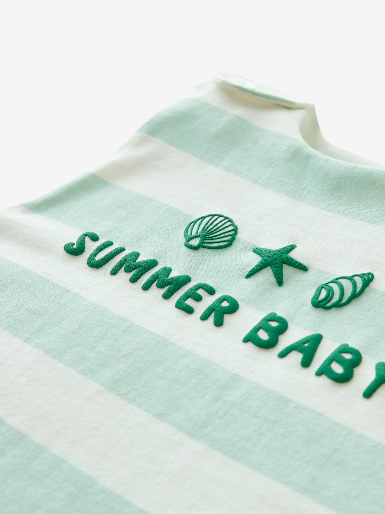 Saco de dormir especial de verão para bebês, verde claro com listras.