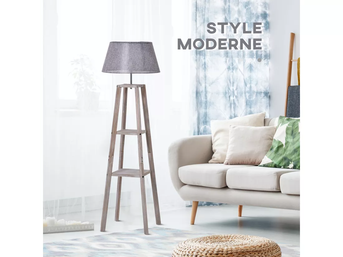 Lampadaire design contemporain 2 étagères intégrées 60 W max. dim. 53L x 53l x 148H cm pin lin gris