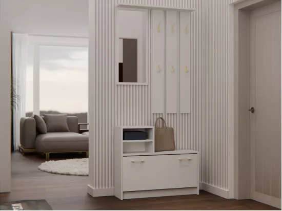 VITTORIA - Vestiaire d'entrée - Patère murale + miroir + rangement chaussures - 180x85x24 - Meuble d'entrée - Beige