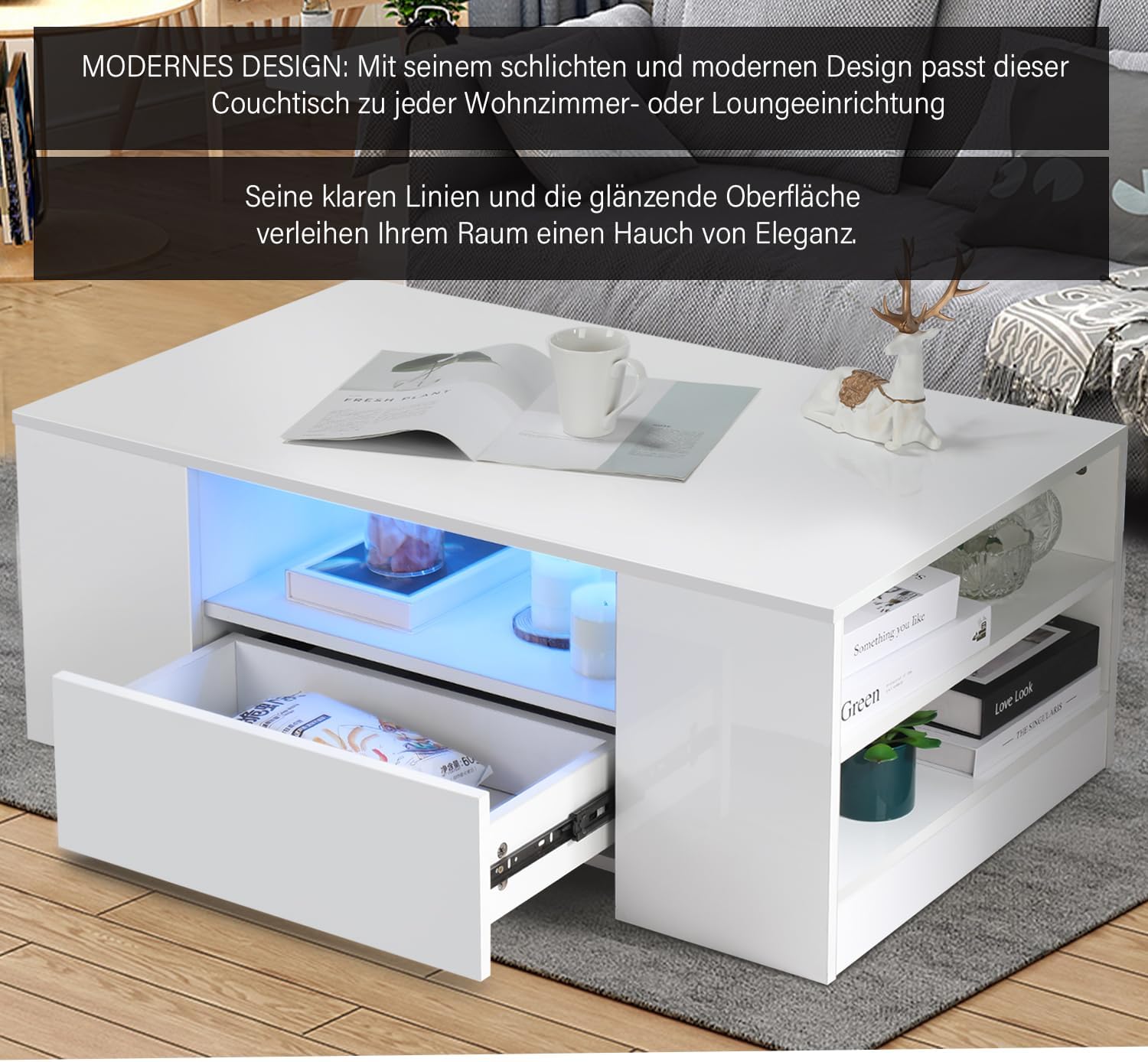Couchtisch mit LED-Beleuchtung, Modern Sofatisch Wohnzimmertisch mit 2 Schublade, 100x55x37cm