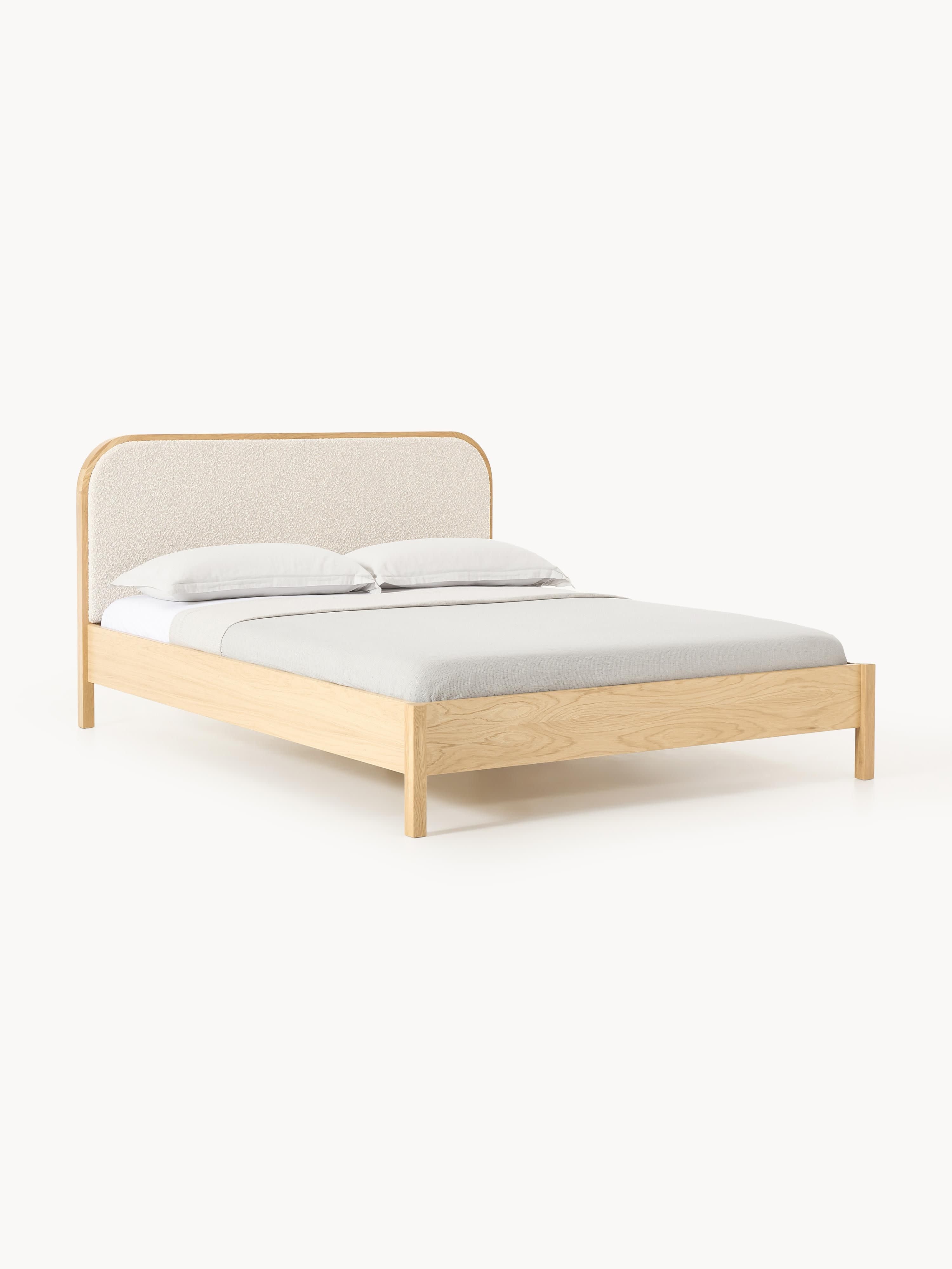 Houten bed Jones met hoofdeinde van bouclé