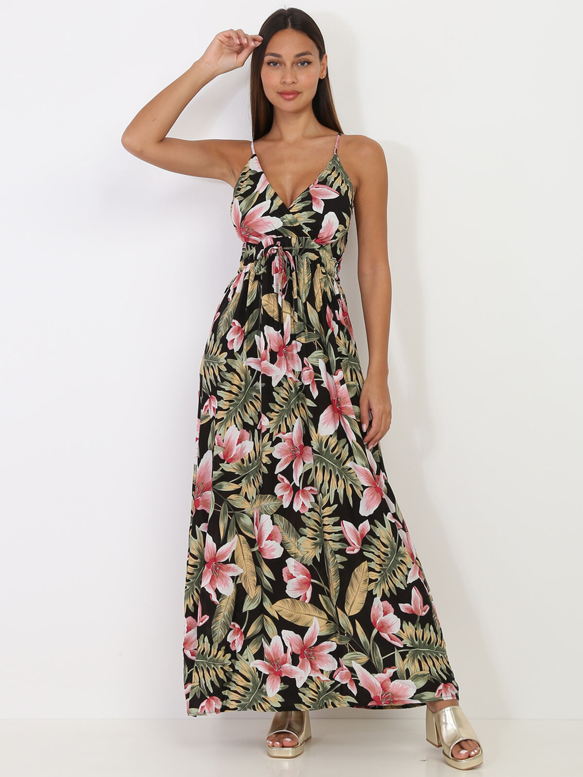 Robe longue à motif tropical- Noir