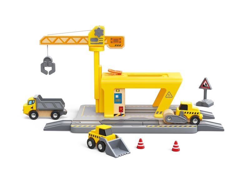 Hape Eisenbahn-Kran Beweglicher Eisenbahnkran mit Zubehör wie Baufahrzeugen und Strassenschildern