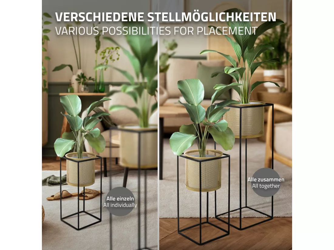 ML-Design Support pour fleurs, set de 2, noir-or, 21x21x47/25x25x71 cm, en acier, support pour pots de fleurs avec cache-pot, support pour plantes en métal, support pour pots de fleurs 2 pièces, pot de plantes déco Colonne de fleurs Tabouret de fleur