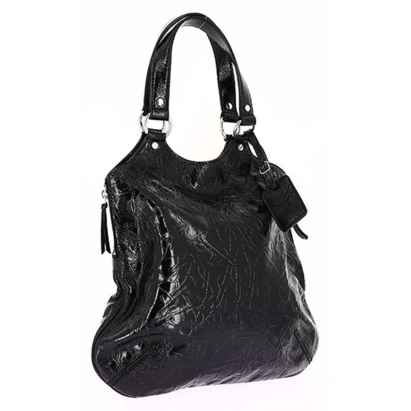 Saint Laurent Sac cabas Vintage en Cuir verni Monogramme noir - Très bon état - L.33.5 cm