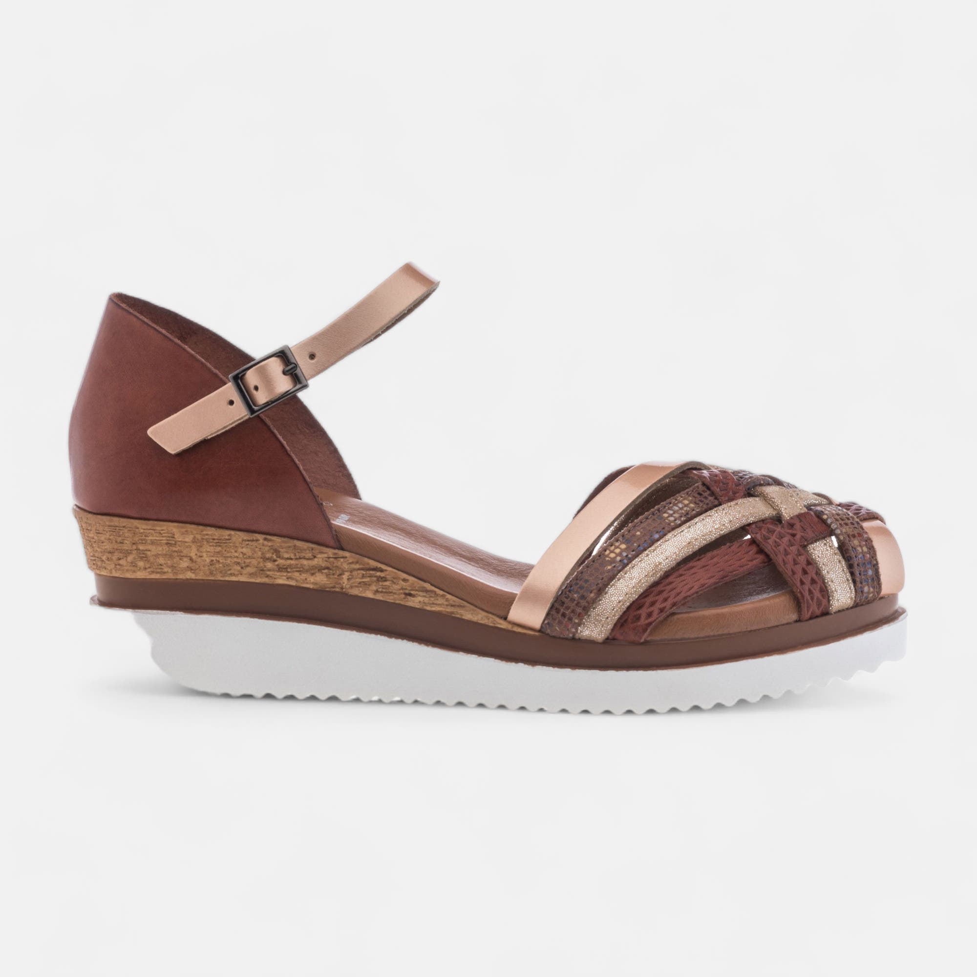 Sandales à talon compensé Femme en cuir cognac