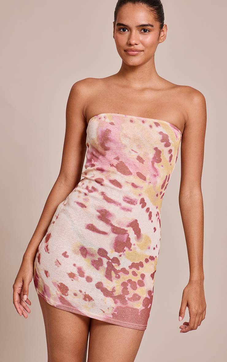Multicolore Robe Courte Bandeau En Tissu Plissé À Imprimé Abstrait Floral