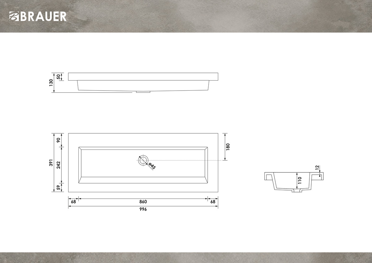 Brauer Spring wastafel mineraalmarmer 100cm zonder kraangat wit glans