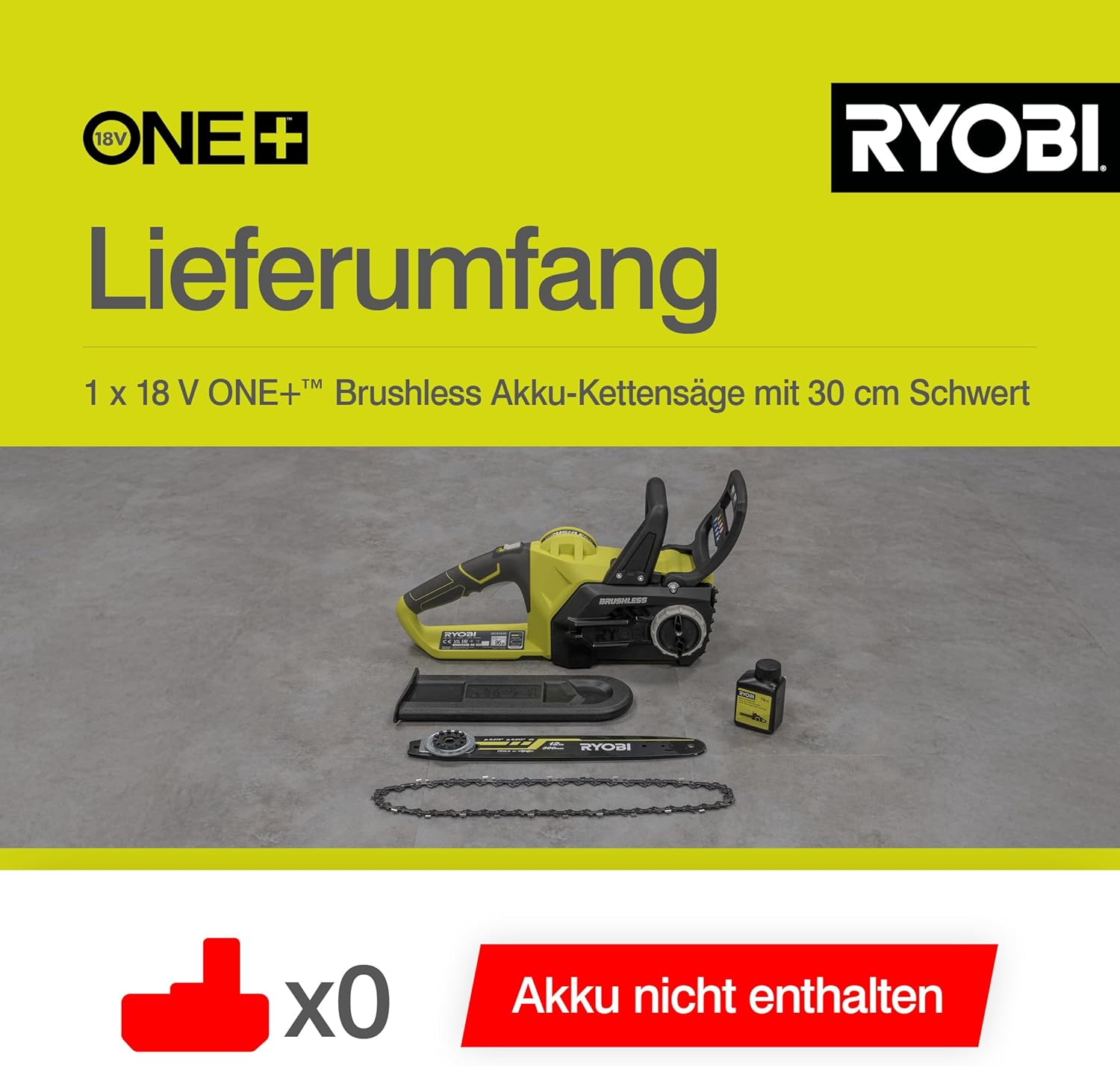 RYOBI 18 V ONE+ Brushless Akku-Kettensäge OCS1830, Schwertlänge 30 cm, bürstenloser Motor, werkzeugloses Kettenspannen, ohne Akku und Ladegerät