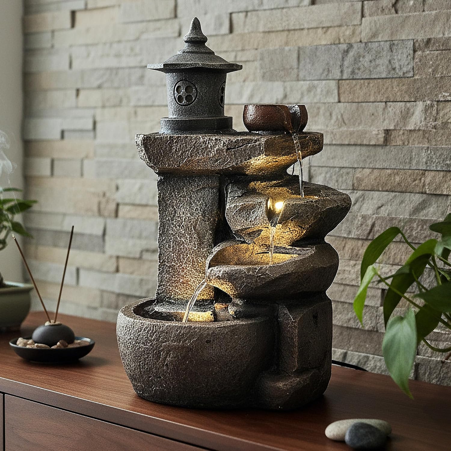 Arnusa Springbrunnen BK851 Wasserfall mit Beleuchtung Gartenbrunnen Zimmerbrunnen Kaskade Brunnen Terrassenbrunnen Dekoration, Braun Grau, 50x30 cm