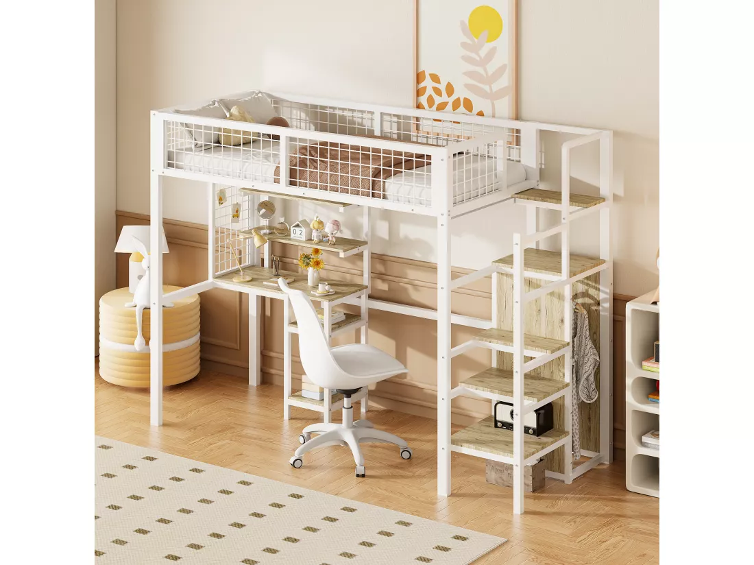 Lit mezzanine 90 x 200 avec bureau et armoire - Structure en fer - Sommier à lattes - Blanc (sans matelas)