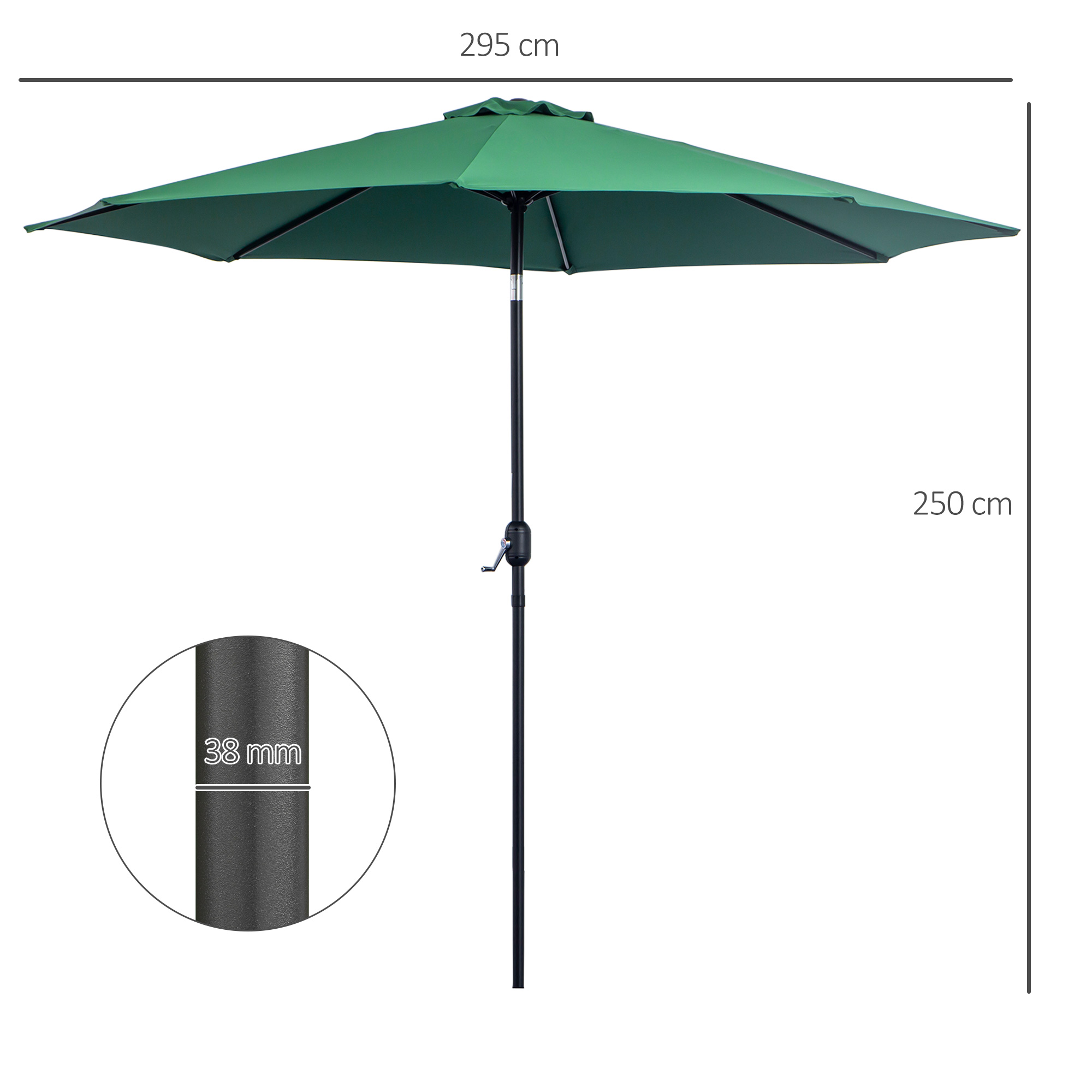 Guarda-sol de jardim Outsunny Ø295x250 cm com manivela, guarda-sol externo com mecanismo de inclinação e mastro de metal removível para terraço, piscina, pátio, verde