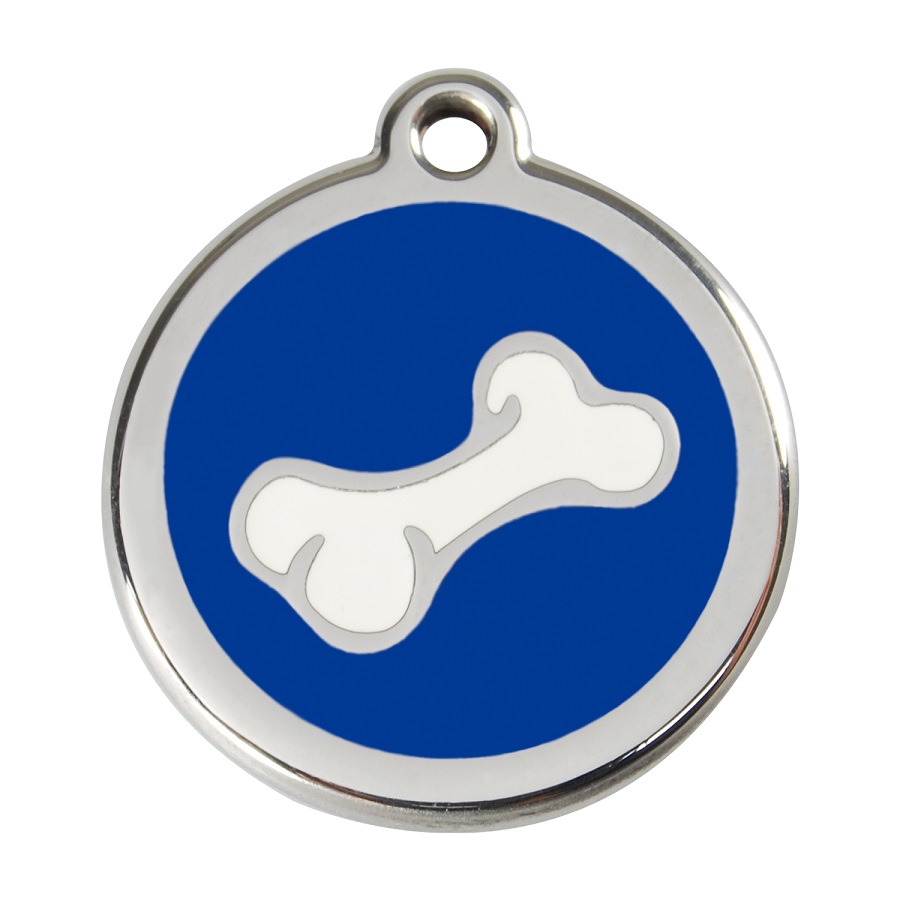 Placa de identificação para cães em aço inoxidável esmaltado com desenho de osso de desenho animado azul