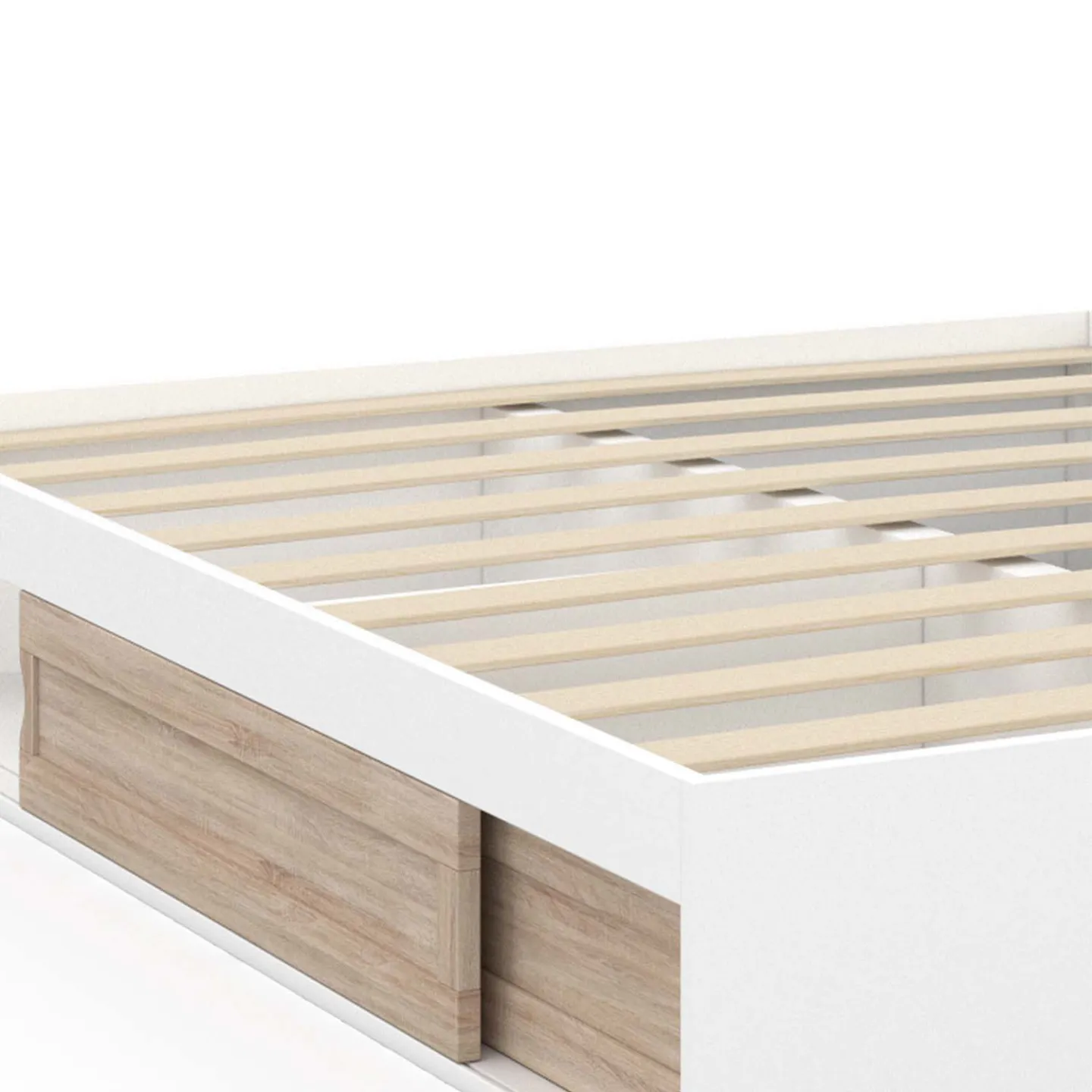 Cadre de lit double SALEM avec rangements et sommier 140 x 190 cm blanc et façon hêtre
