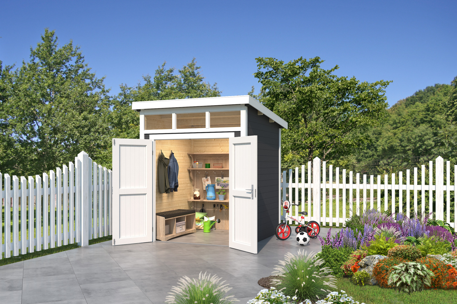 Gartenhaus KIBO 1 - carbongrau - Fichte massiv - 200x200 cm
