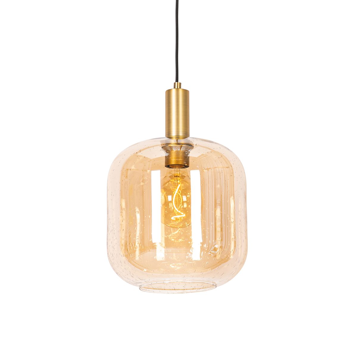 Smart hanglamp zwart met messing en amber glas incl. Wifi G95 - Zuzanna