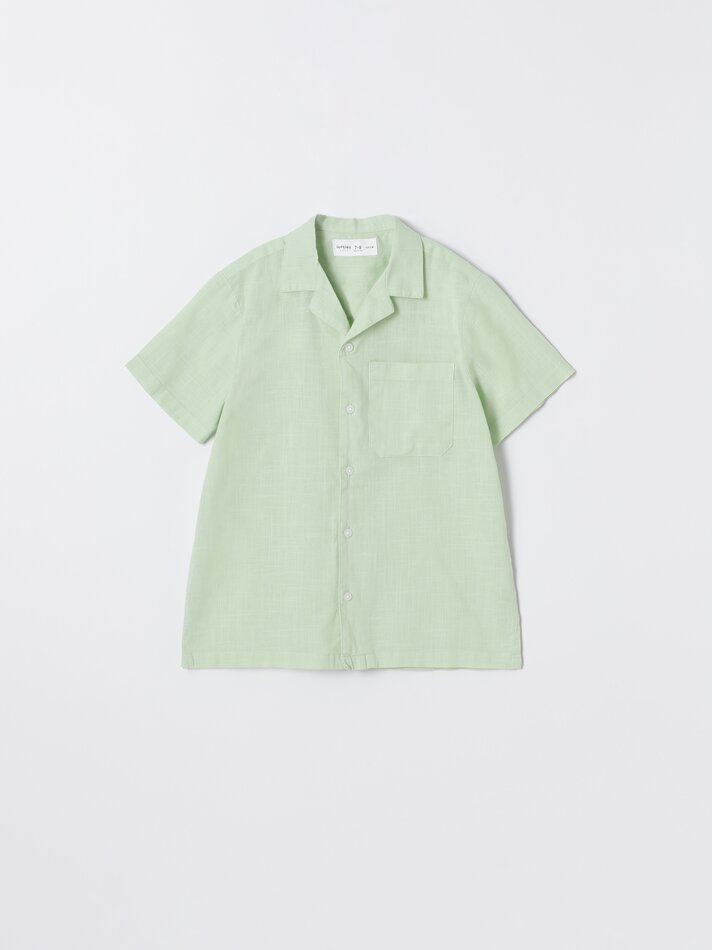 Camisa de manga curta em algodão e linho - Verde Maçã
