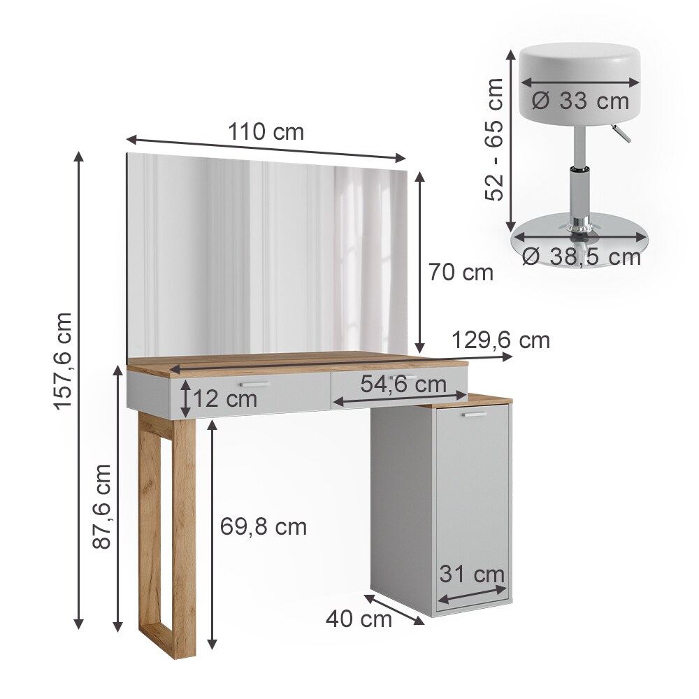 Vicco Schminktisch Regina Weiß Eiche 130 cm mit Hocker