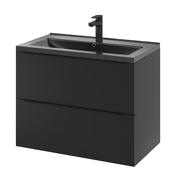Ensemble salle de bains l.80 cm meuble à suspendre Imandra noir mat + plan vasque céramique noir