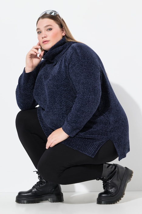 Chenille-Pullover, Oversized, Stehkragen, Langarm