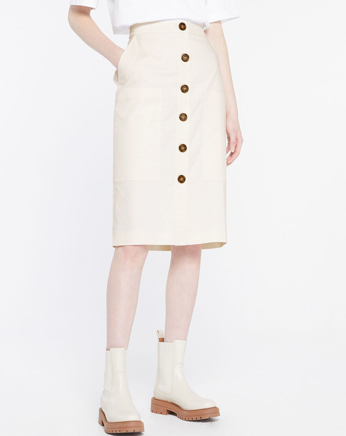 Galeries Lafayette Jupe droite Cacao Twill écrue