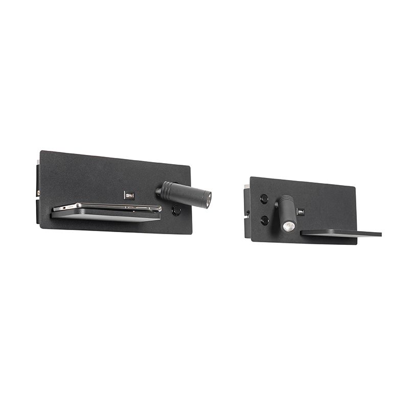 Set van 2 wandlamp zwart incl. LED met USB en inductielader - Riza