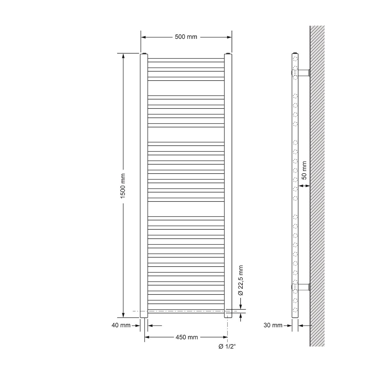 LuxeBath Sahara badkamerradiator, 500x1500 mm, mat zwart, recht met zijaansluiting, designradiator, handdoekwarmer, handdoekdroger, handdoekradiator, badkamerverwarming